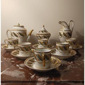 Manufacture De Locré - Tea Service - Gilded And Painted Porcelain - Empire, Restoration - 9 Pieces