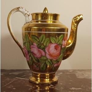 Manufacture De Locré - Pouyat Et Russinger - Pouring Teapot With Gold Base And Bouquet - Empire Period 