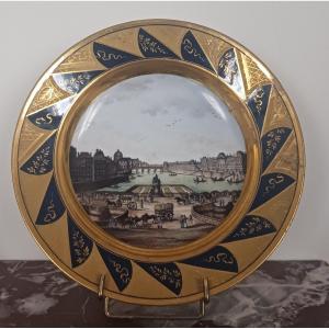 Darte Frères - Rare Dinner Plate - Model Of The Views Of Paris - Porcelain From The Empire Peri