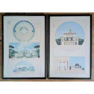 Paire d'impressions de dessins d'architecture Restauration, Louis Philippe 
