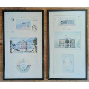 Paire d'impressions de dessins d'architecture Restauration, Louis Philippeflag