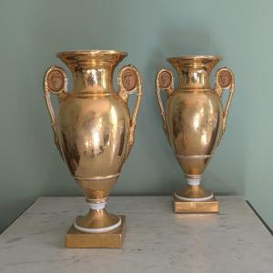 Paris - Pair Of Richly Gilded Romantic Vases - Restoration Period, Circa 1830