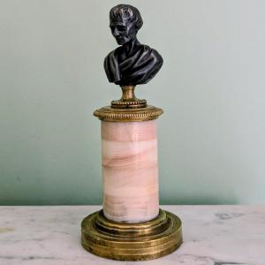 France, 19th Century - Bronze And Alabaster Bust With Ribbon Decoration, Voltaire