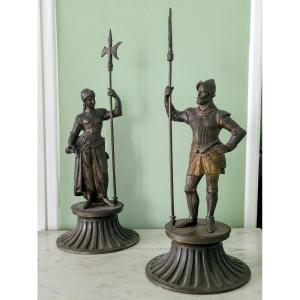 France, époque Napoléon III - paire de grands bronzes - troubadour, médiéval