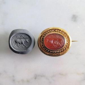 Rome Antique, vers le Ier siècle - intaille en cornaline - monture broche XIXe s. en or