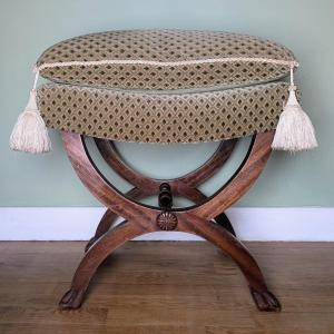 Curule Stool In Mahogany And Velvet - Empire, Restoration