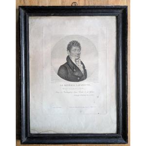 Rare gravure de Lafayette dans son encadrement en bois noirci - époque Révolutionnaire