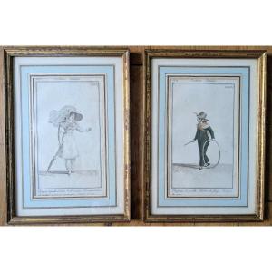 Paris, vers 1820 - paire de gravures de mode encadrées - Journal des Dames