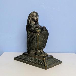 Souvenir From The Grand Tour, Egyptomania—bronze Inkwell Shaped Like A Cube-shaped Statue