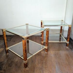 Pierre Vandel - Pair Of Coffee Tables, End Tables - Brass, Burl Wood, And Beveled Glass