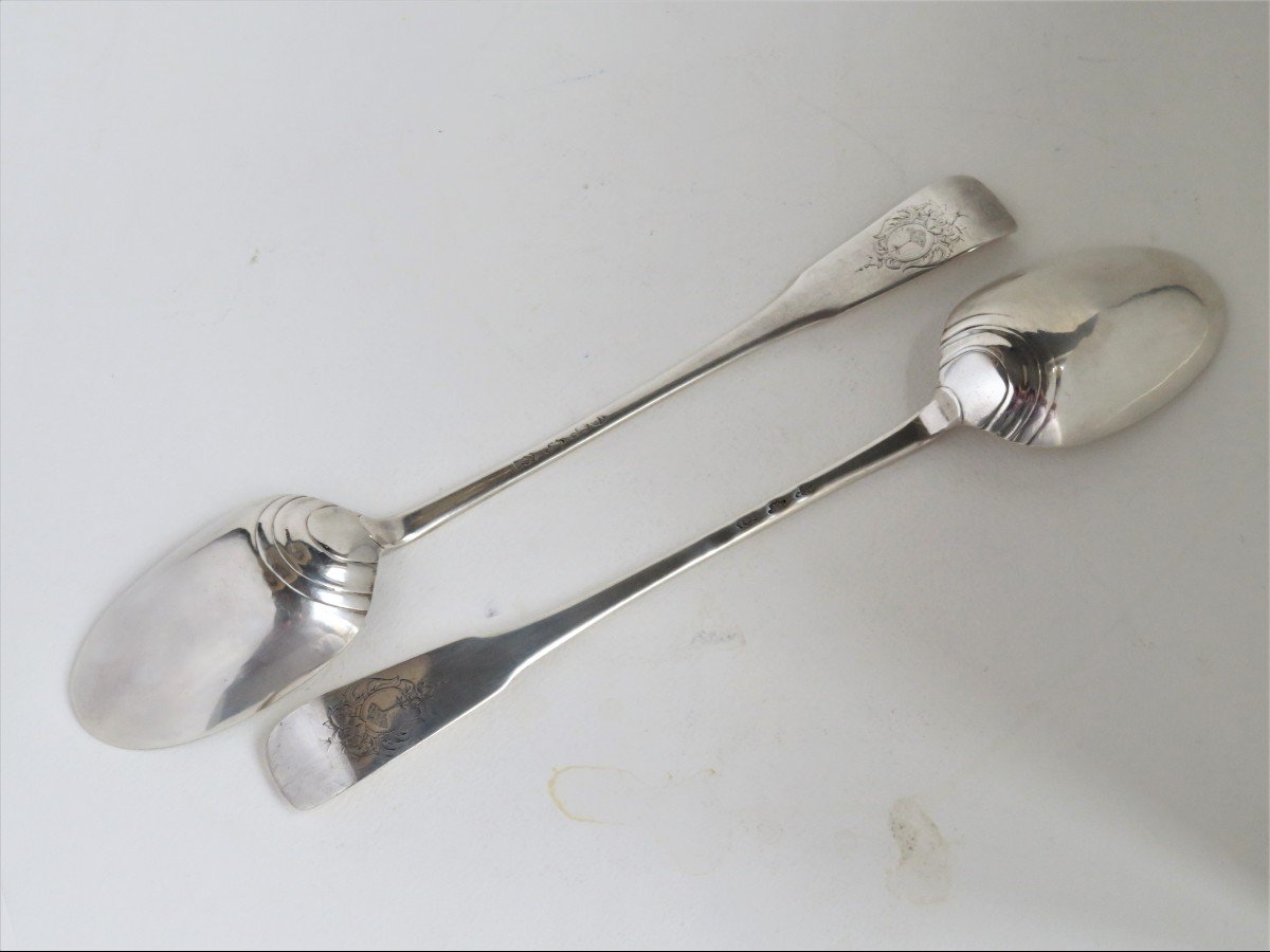 Pair Of Silver Basting Spoons By Barthélemy Rieumes, Toulouse, 1734-photo-2