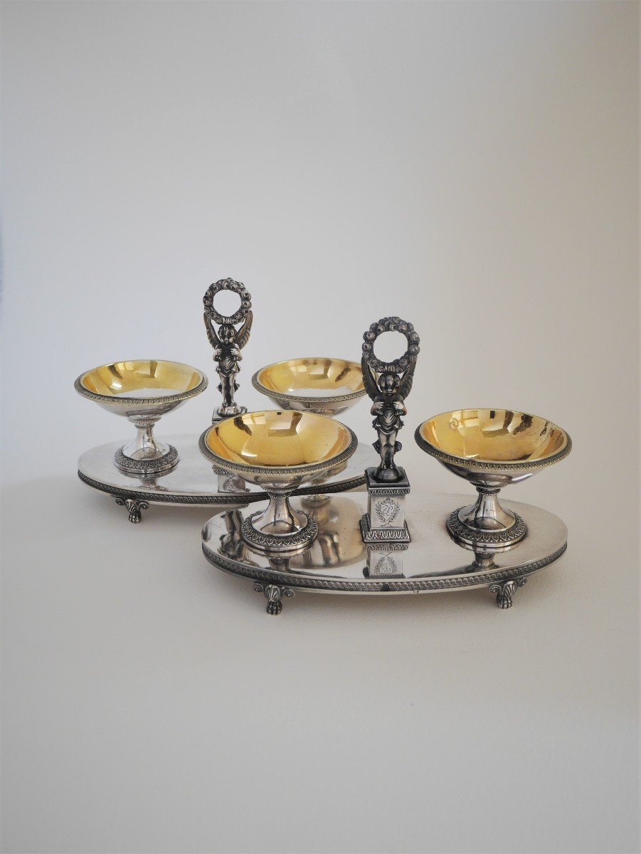 Paire de salières double, argent et vermeil par Jean-Nicolas Boulanger, Paris, style Empire, époque Restauration (1819)