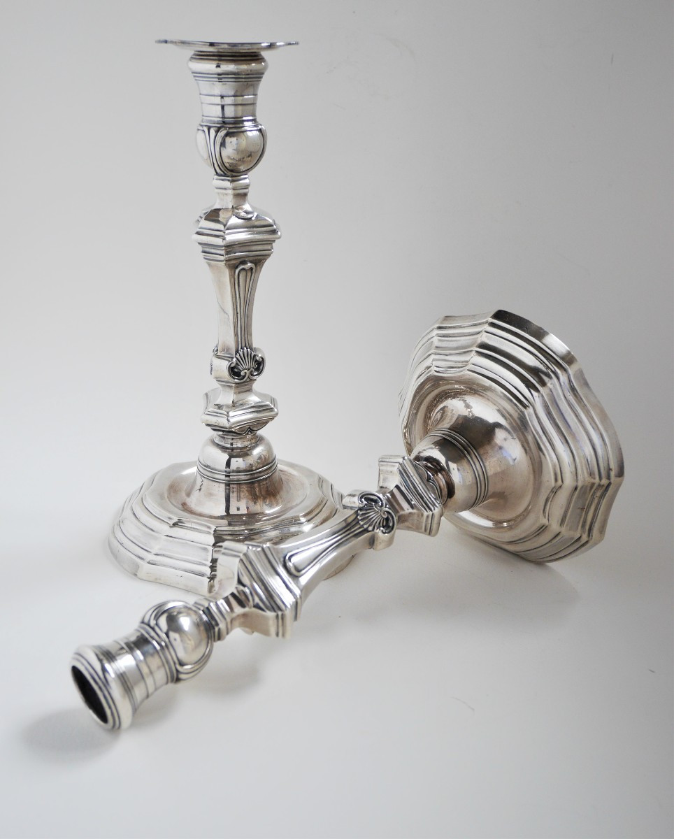 Pair Of Silver Candlesticks By Jean-baptiste Chaslon, La Rochelle (france), 1764