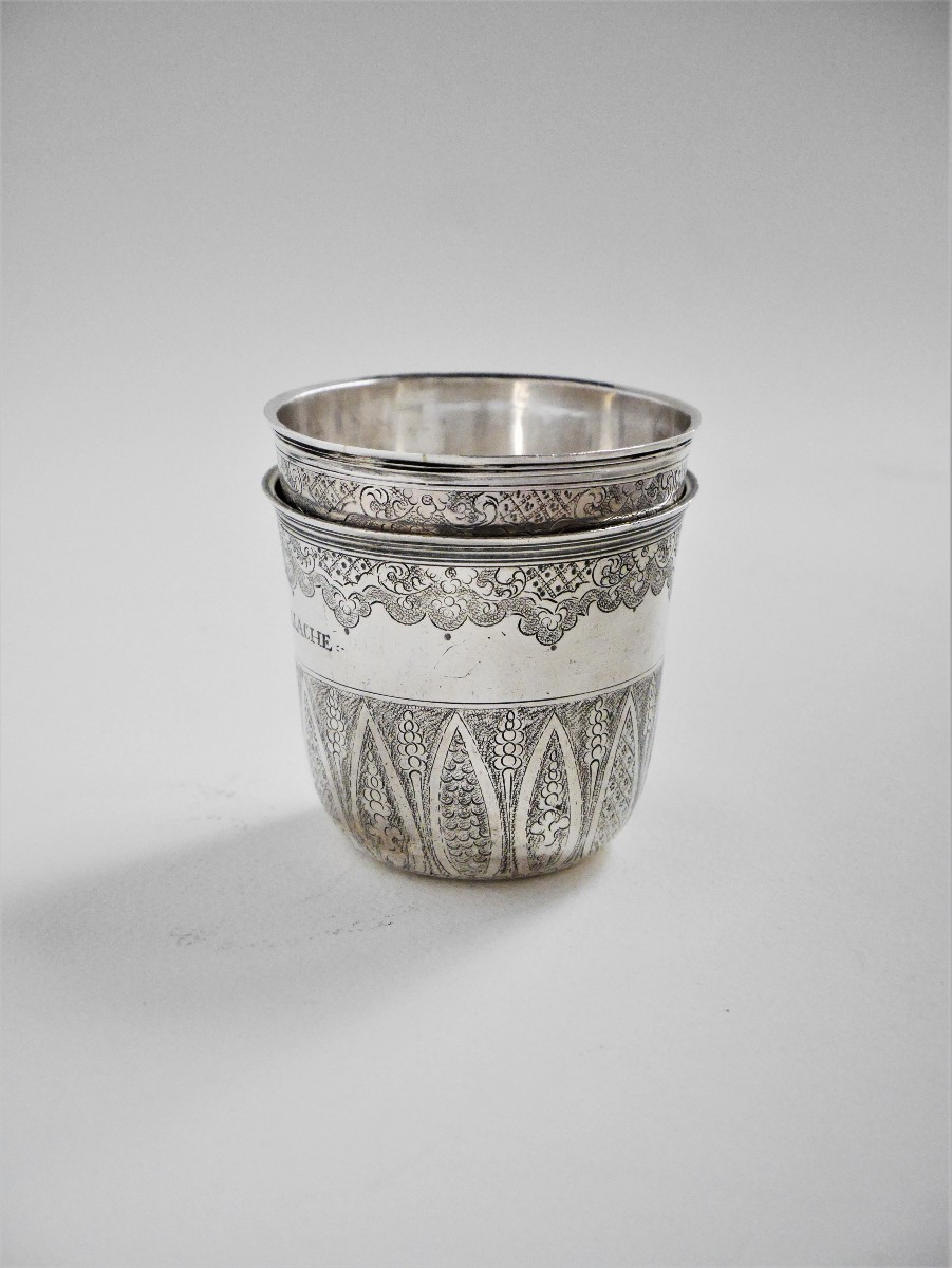 Pair Of Engraved Beakers, Silver, Jean Debrie, Paris, 1743-1744-photo-3