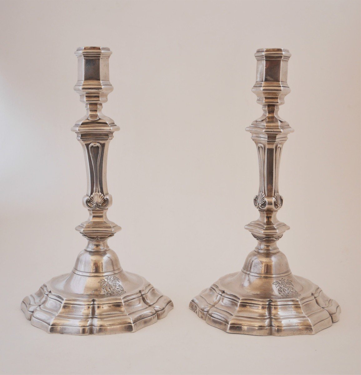 Pair Of Candlesticks, Sterling Silver, Jean Delane, Bayonne, 1743-1744