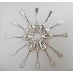 Set Of Six Silver Cutlery By Bazille In Montpellier, 1774