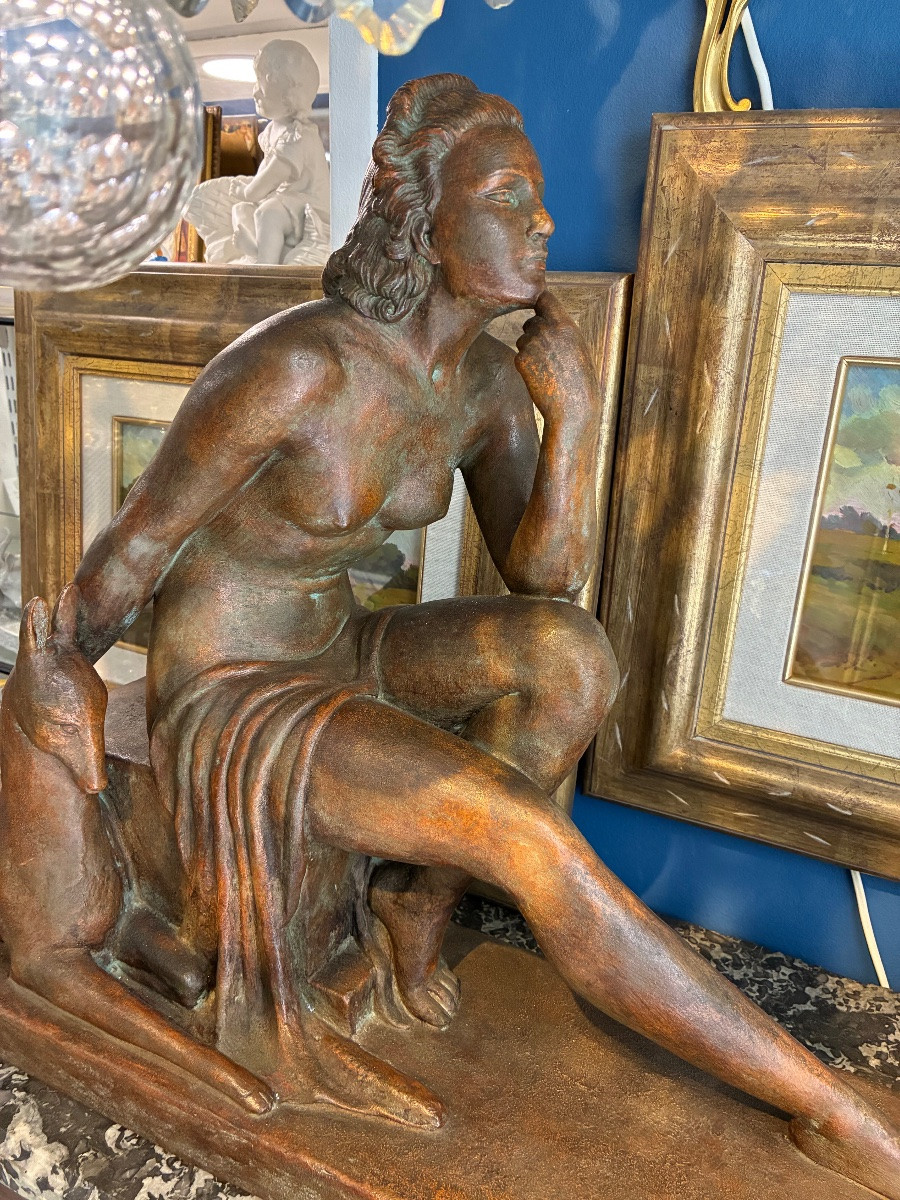 Art Deco Patinated Terracotta “woman And Doe” Signed Ugo Cipriani 20th Century-photo-2