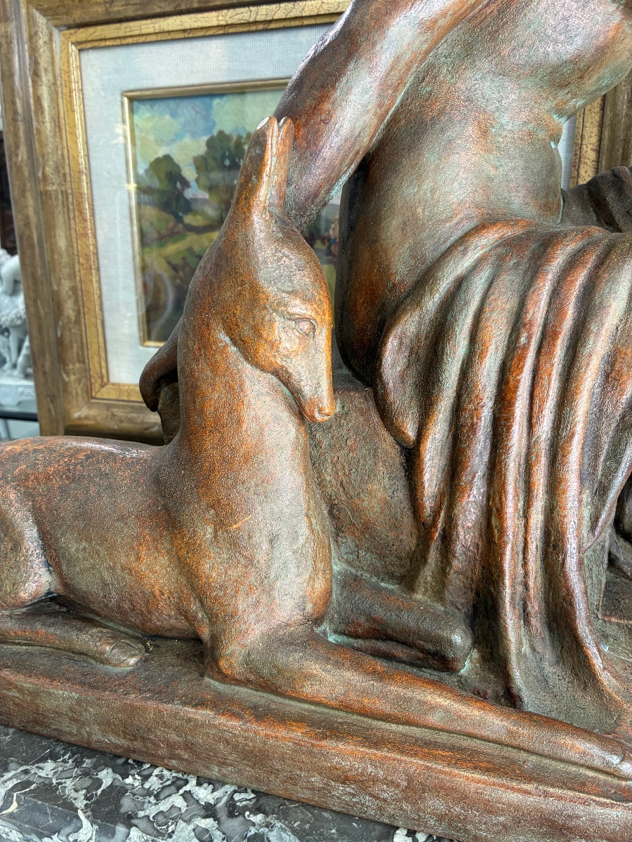 Art Deco Patinated Terracotta “woman And Doe” Signed Ugo Cipriani 20th Century-photo-3