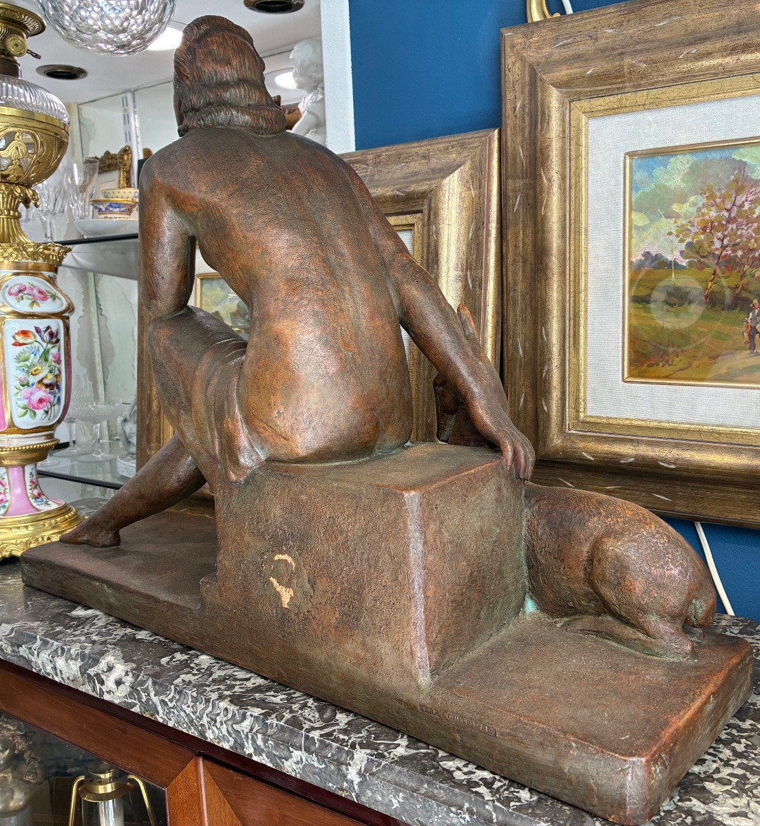 Art Deco Patinated Terracotta “woman And Doe” Signed Ugo Cipriani 20th Century-photo-4