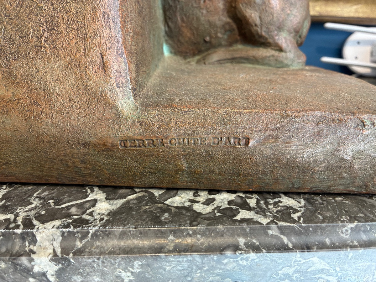 Art Deco Patinated Terracotta “woman And Doe” Signed Ugo Cipriani 20th Century-photo-2