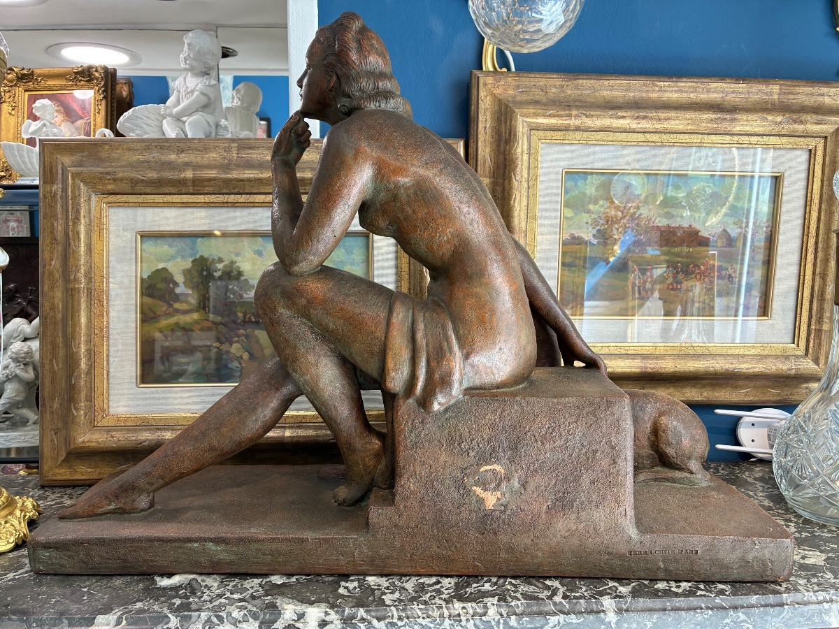 Art Deco Patinated Terracotta “woman And Doe” Signed Ugo Cipriani 20th Century-photo-3
