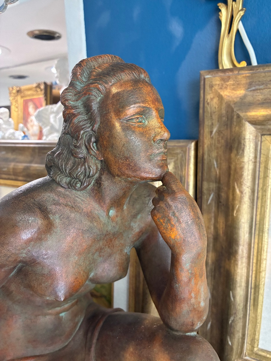 Art Deco Patinated Terracotta “woman And Doe” Signed Ugo Cipriani 20th Century-photo-5