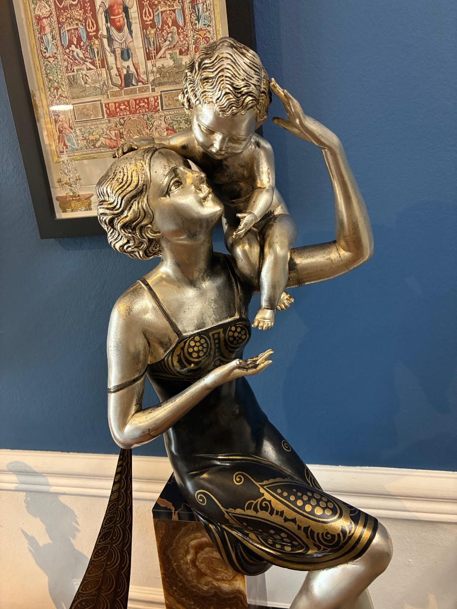 Art Deco Sculpture Regulus Patinated "woman And Child" Signed Cipriani XXth-photo-3