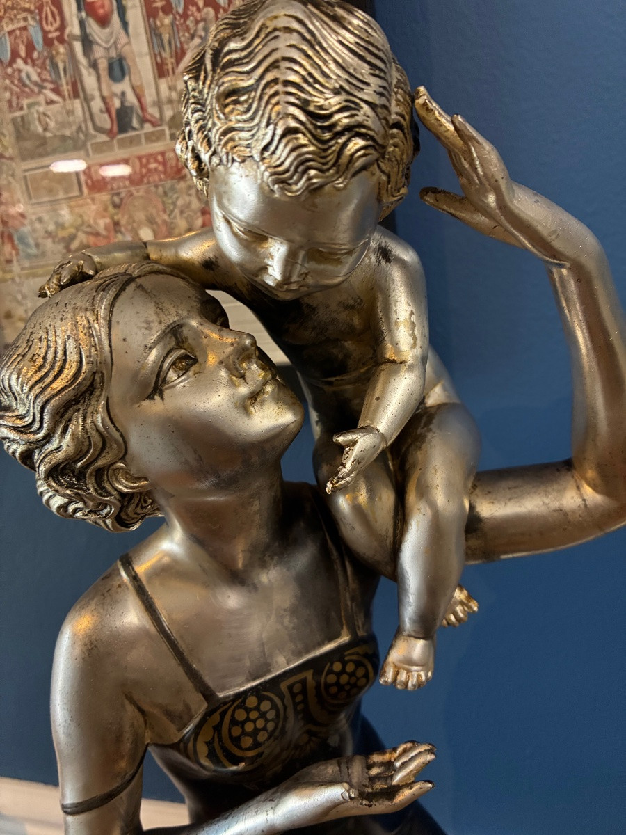 Art Deco Sculpture Regulus Patinated "woman And Child" Signed Cipriani XXth-photo-1