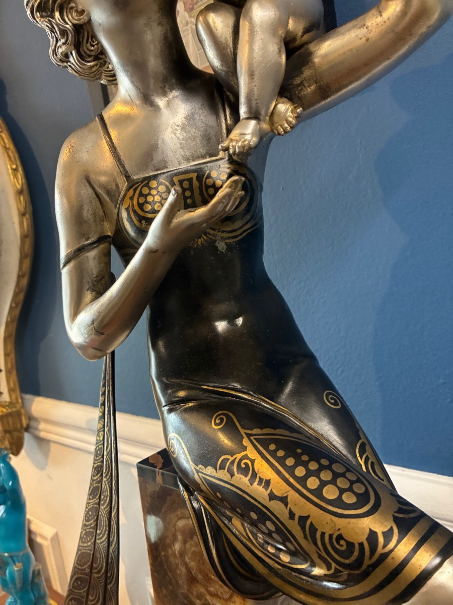 Art Deco Sculpture Regulus Patinated "woman And Child" Signed Cipriani XXth-photo-3
