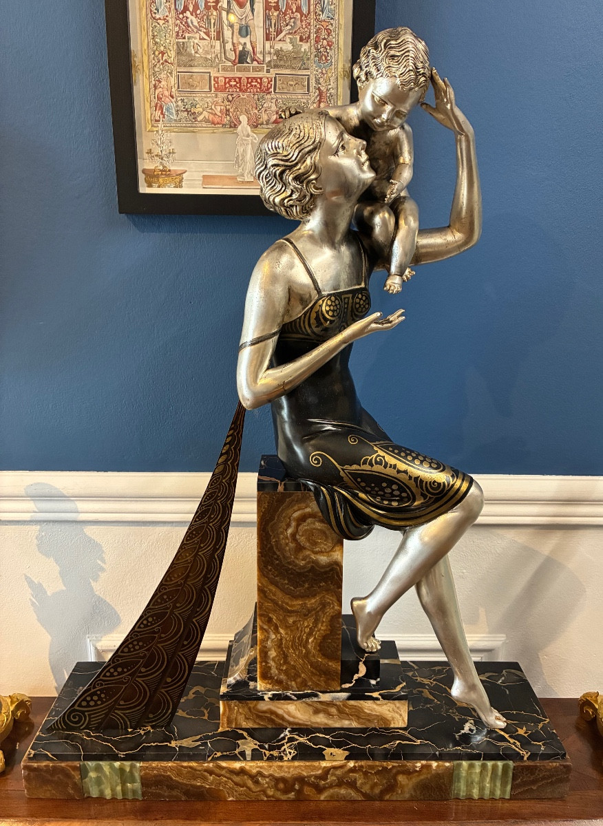 Art Deco Sculpture Regulus Patinated "woman And Child" Signed Cipriani XXth