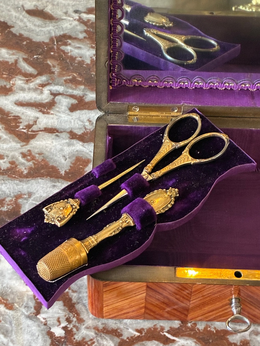 Coffret boîte nécessaire couture vermeil marqueterie époque Nap III -photo-2