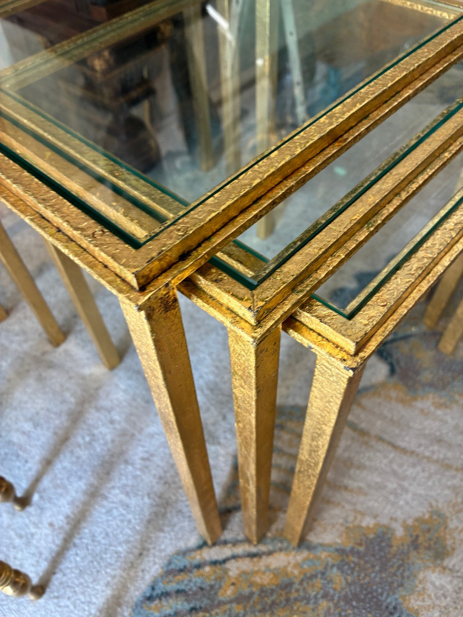 Robert & Roger Thibier – Superbes tables gigognes en fer forgé doré, circa 1960-photo-2