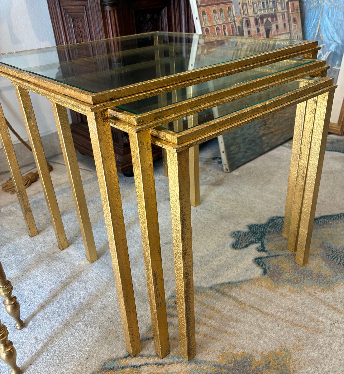 Robert & Roger Thibier – Superbes tables gigognes en fer forgé doré, circa 1960