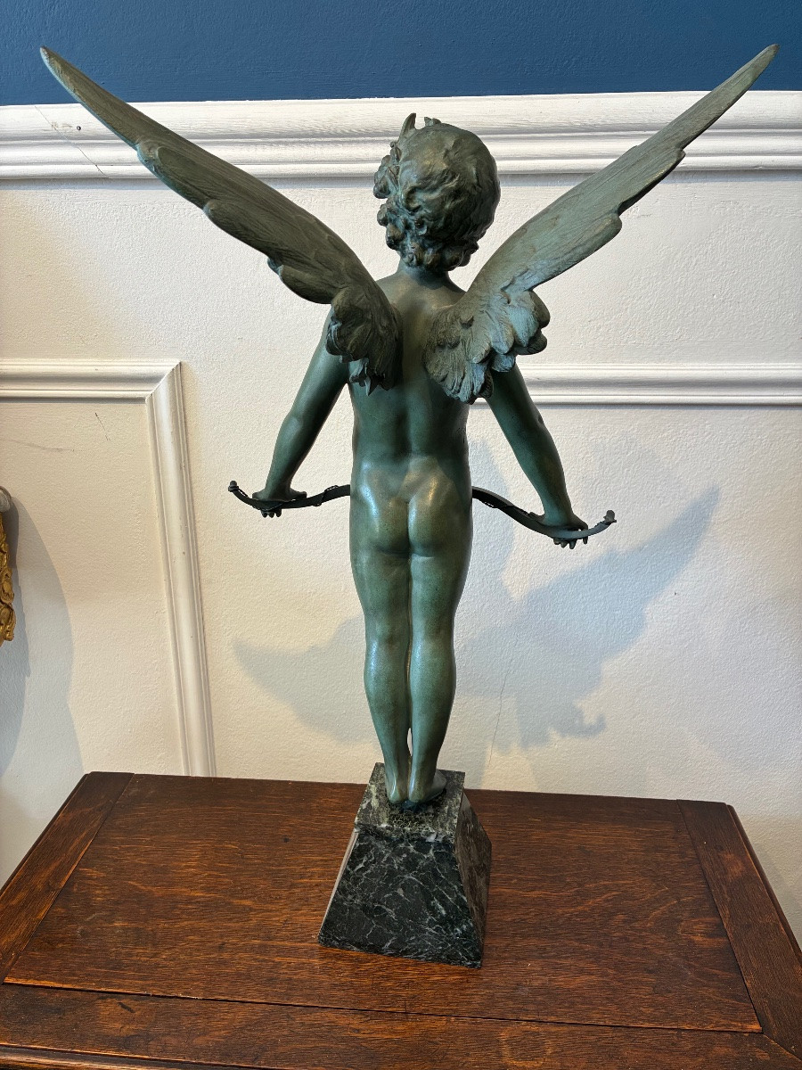 Sculpture "vici" After Auguste Moreau, Green Patinated Spelter, Marble Base 64 Cm-photo-3