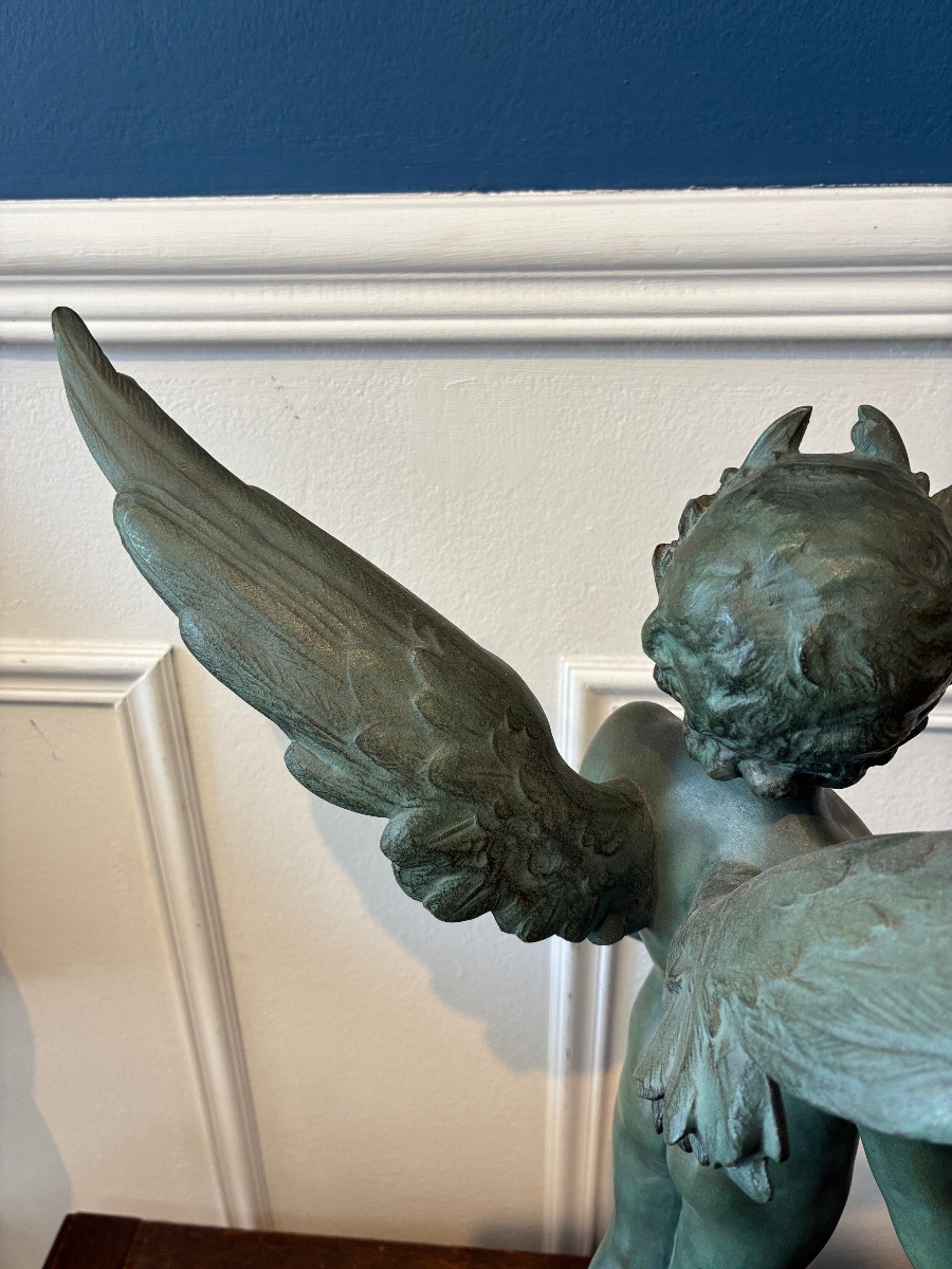 Sculpture "vici" After Auguste Moreau, Green Patinated Spelter, Marble Base 64 Cm-photo-4