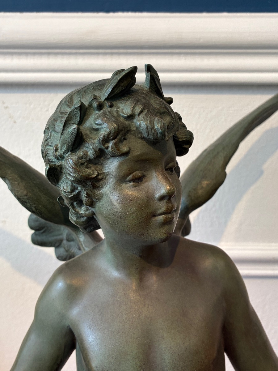 Sculpture "vici" After Auguste Moreau, Green Patinated Spelter, Marble Base 64 Cm-photo-1