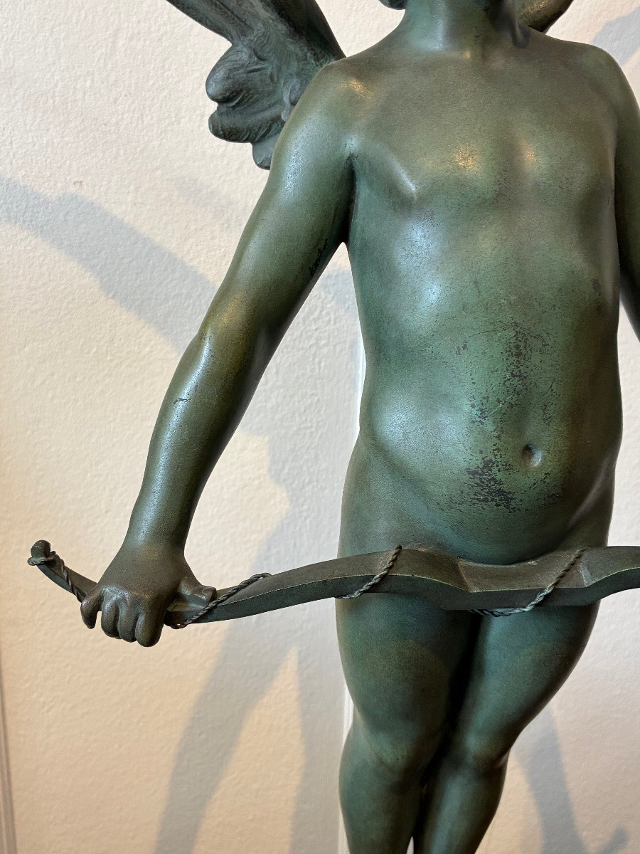 Sculpture "vici" After Auguste Moreau, Green Patinated Spelter, Marble Base 64 Cm-photo-2