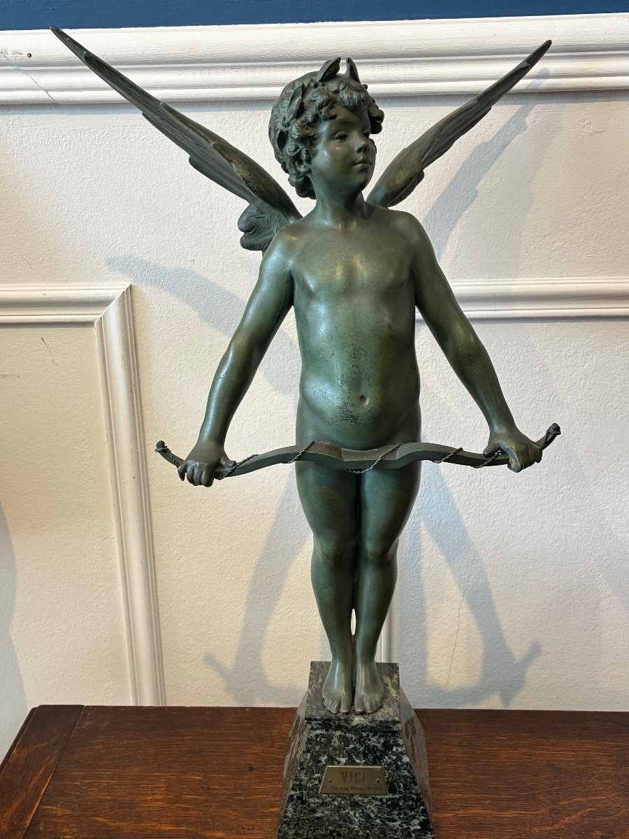 Sculpture "vici" After Auguste Moreau, Green Patinated Spelter, Marble Base 64 Cm