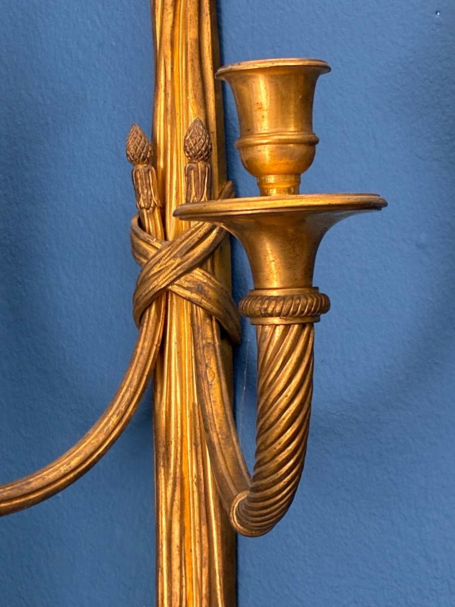 Pair Of Gilt Bronze Wall Sconces Decorated With Ribbons And Pompoms, 19th Century-photo-3