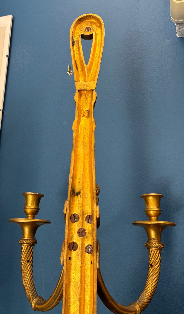 Pair Of Gilt Bronze Wall Sconces Decorated With Ribbons And Pompoms, 19th Century-photo-2