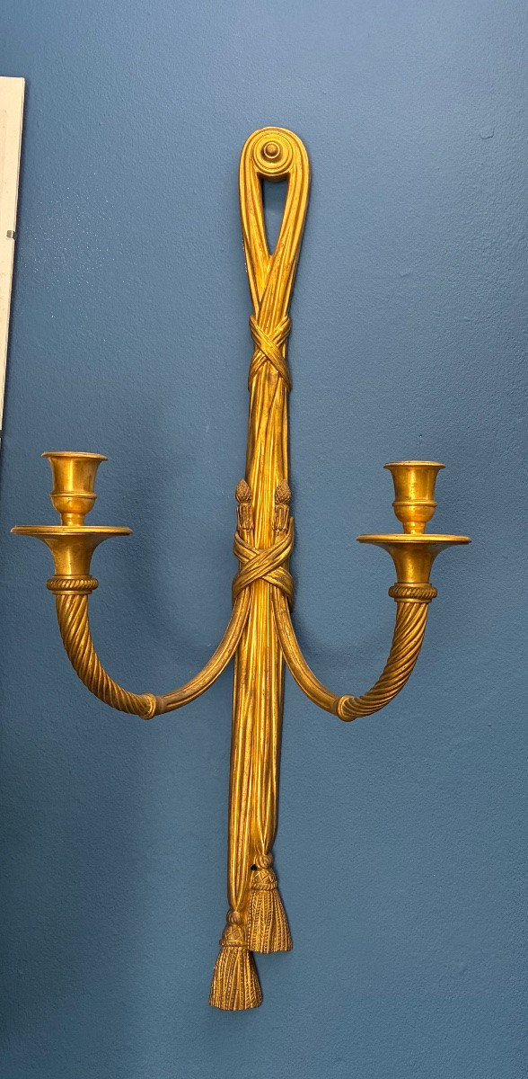 Pair Of Gilt Bronze Wall Sconces Decorated With Ribbons And Pompoms, 19th Century-photo-3