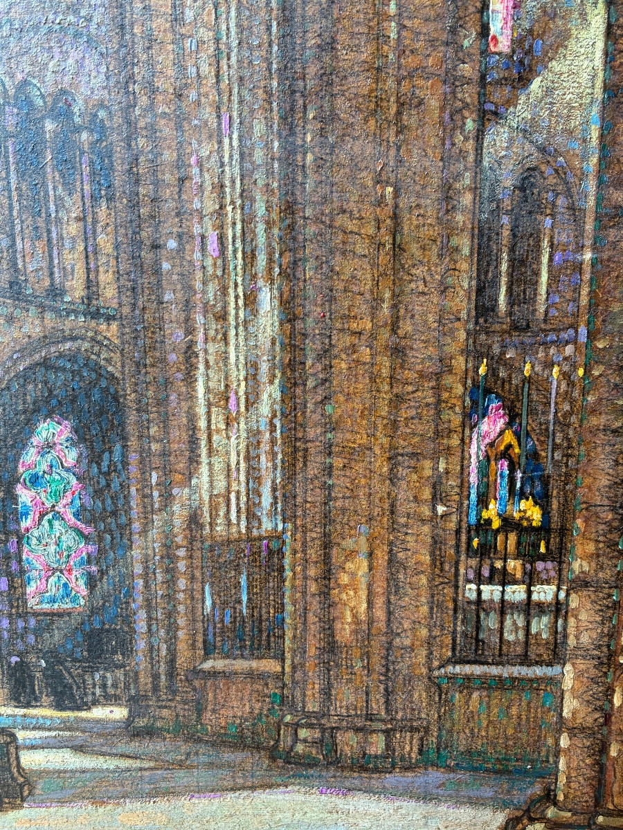 Pierre-gaston Rigaud (1874-1939) Oil On Cardboard Interior Of A Cathedral – Bourges, 1919-photo-2