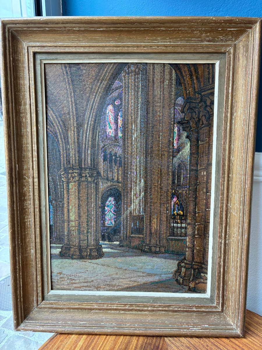 Pierre-gaston Rigaud (1874-1939) Oil On Cardboard Interior Of A Cathedral – Bourges, 1919