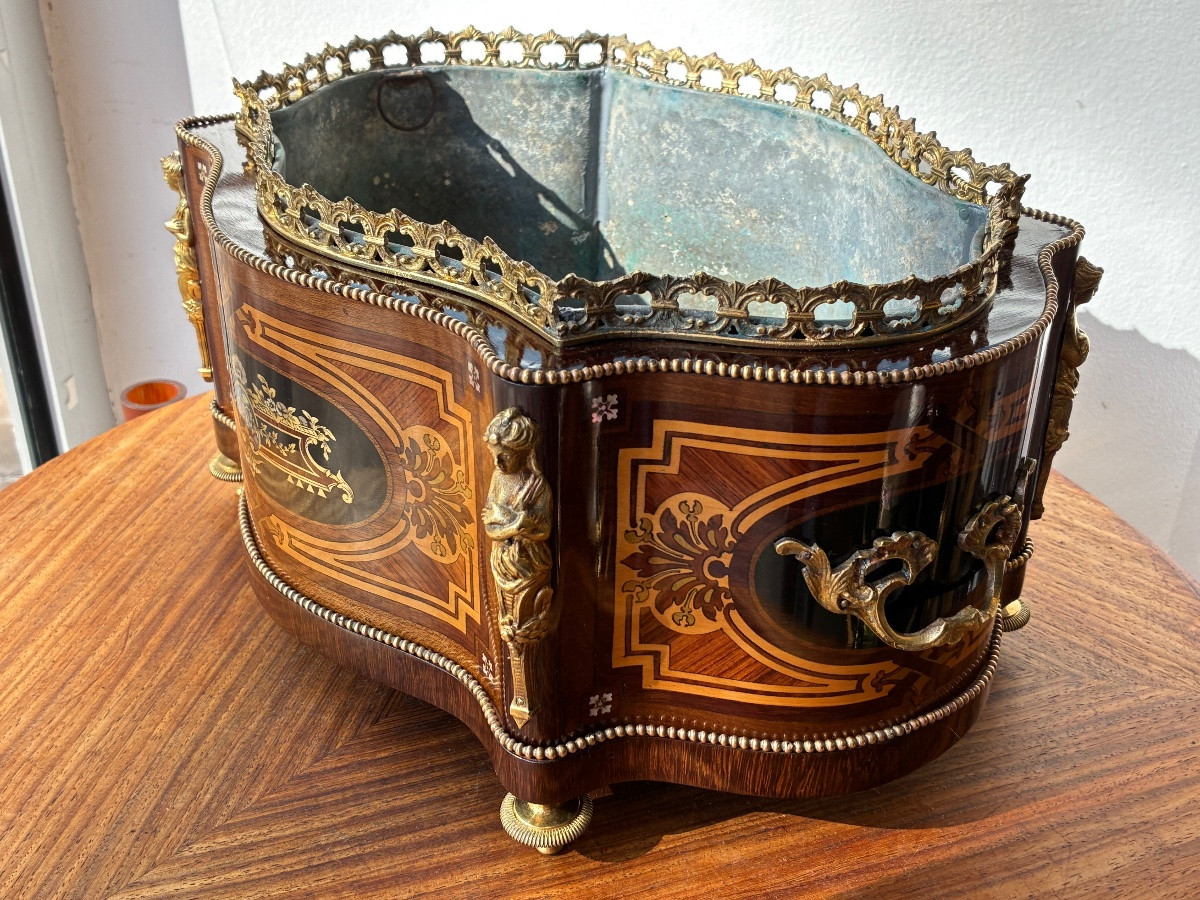 Grande jardinière d’époque Napoléon III en marqueterie et bronze doré – XIXᵉ siècle-photo-2