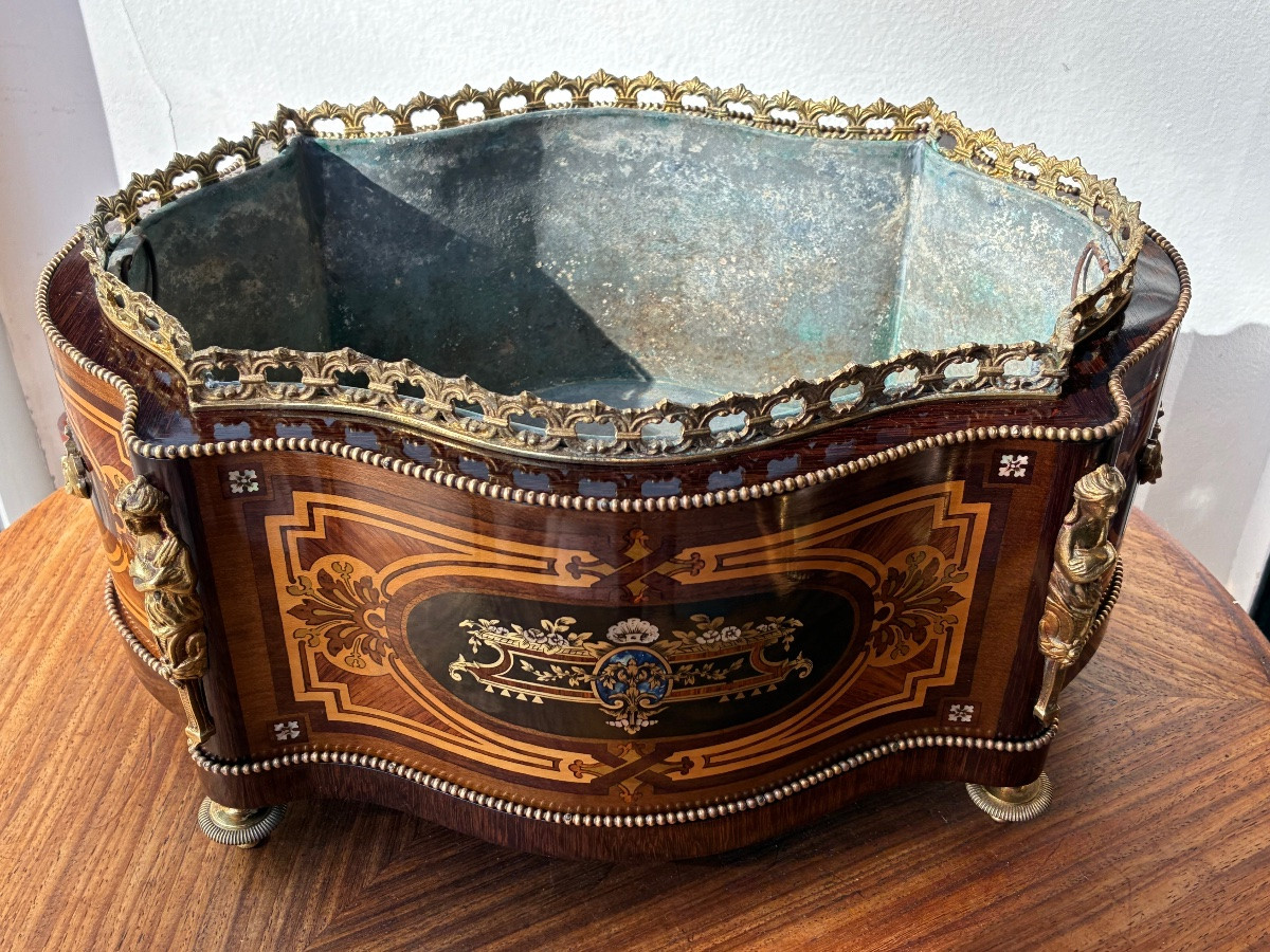 Grande jardinière d’époque Napoléon III en marqueterie et bronze doré – XIXᵉ siècle-photo-3