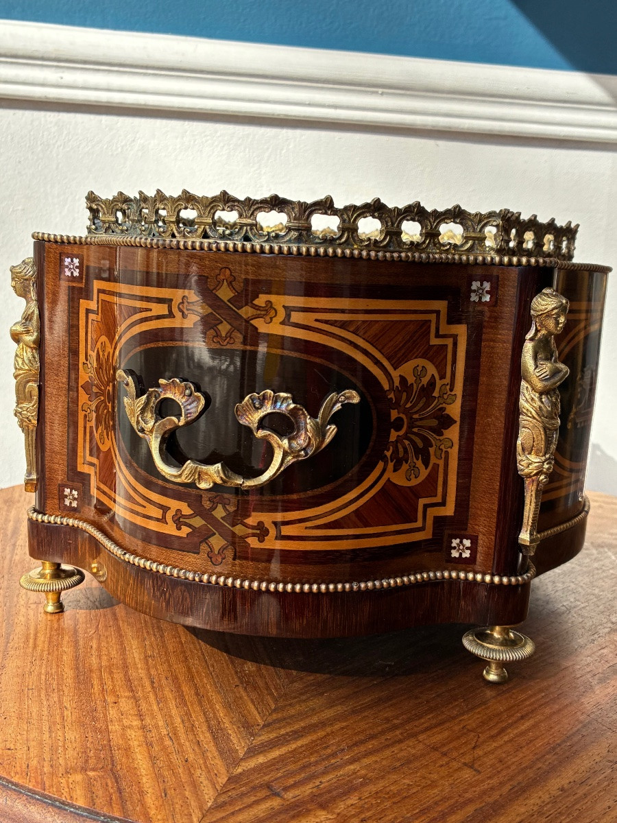 Grande jardinière d’époque Napoléon III en marqueterie et bronze doré – XIXᵉ siècle-photo-4