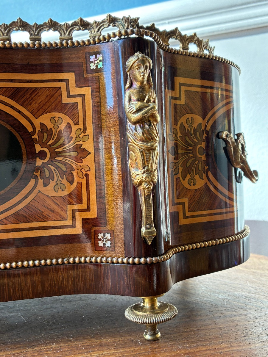 Grande jardinière d’époque Napoléon III en marqueterie et bronze doré – XIXᵉ siècle-photo-2
