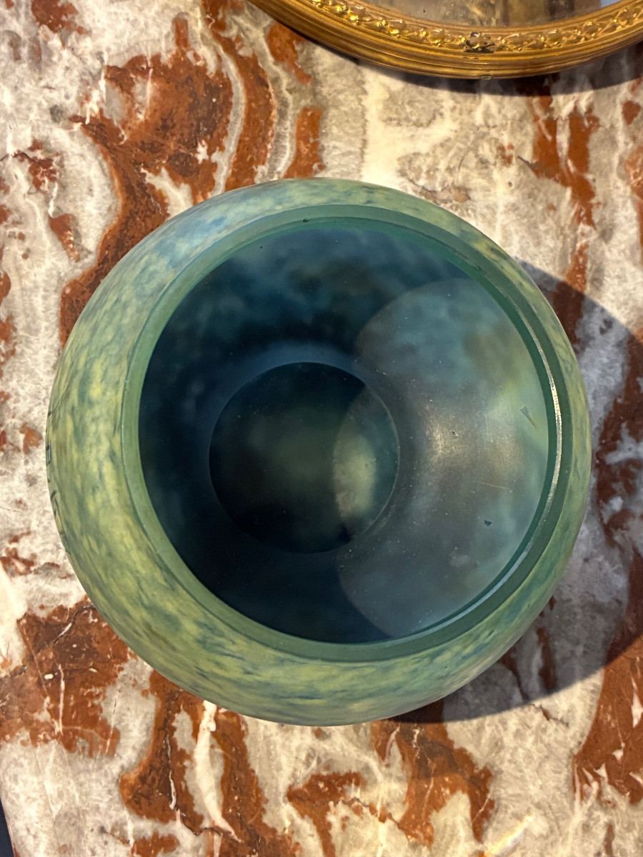 Art nouveau DAUM NANCY Coupe Ronde Sur Talon En Verre Jaspé Marmoréen Vert Et Bleu-photo-2