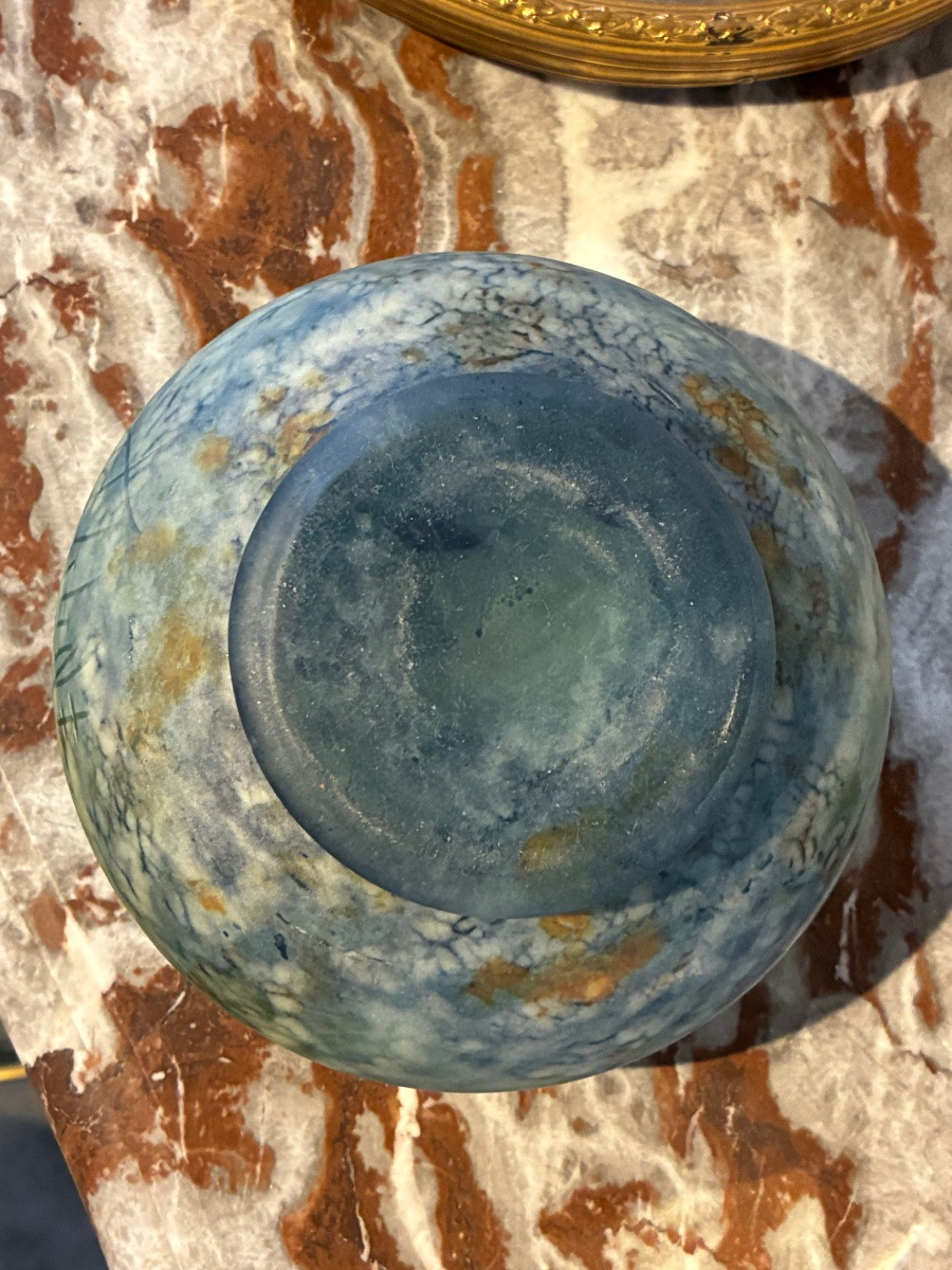 Art nouveau DAUM NANCY Coupe Ronde Sur Talon En Verre Jaspé Marmoréen Vert Et Bleu-photo-3