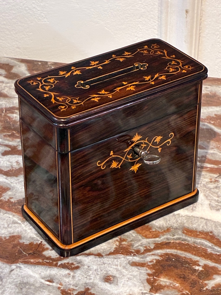 Coffret Boîte Tirelire Marqueterie XIXe ep Charles X 